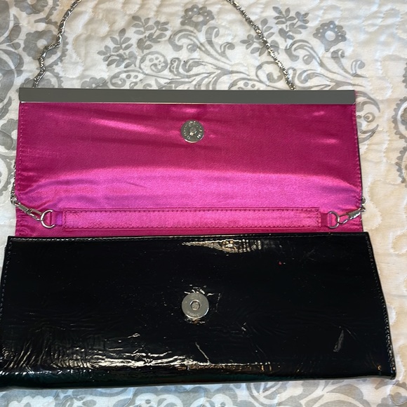 Vegan clutch black patent, like chrome, trim, pink satin interior - Picture 8 of 14